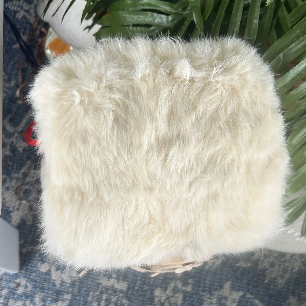 Vintage 60’s White Rabbit Fur Hand Muff with Red Strap